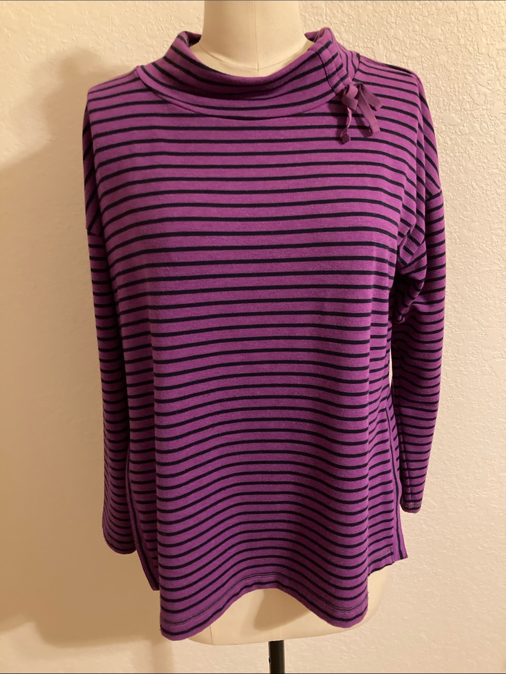 Talbots Purple and Navy Striped Mock-Neck Long Sleeve Top with Side Tie